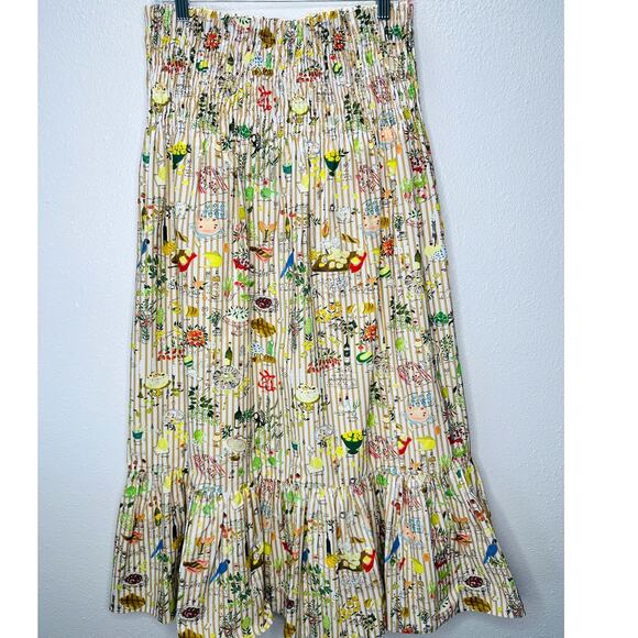 Rhode Artie Shirred Waist Ruffle Hem Printed Cotton Poplin Midi Skirt XL - Picture 4 of 16